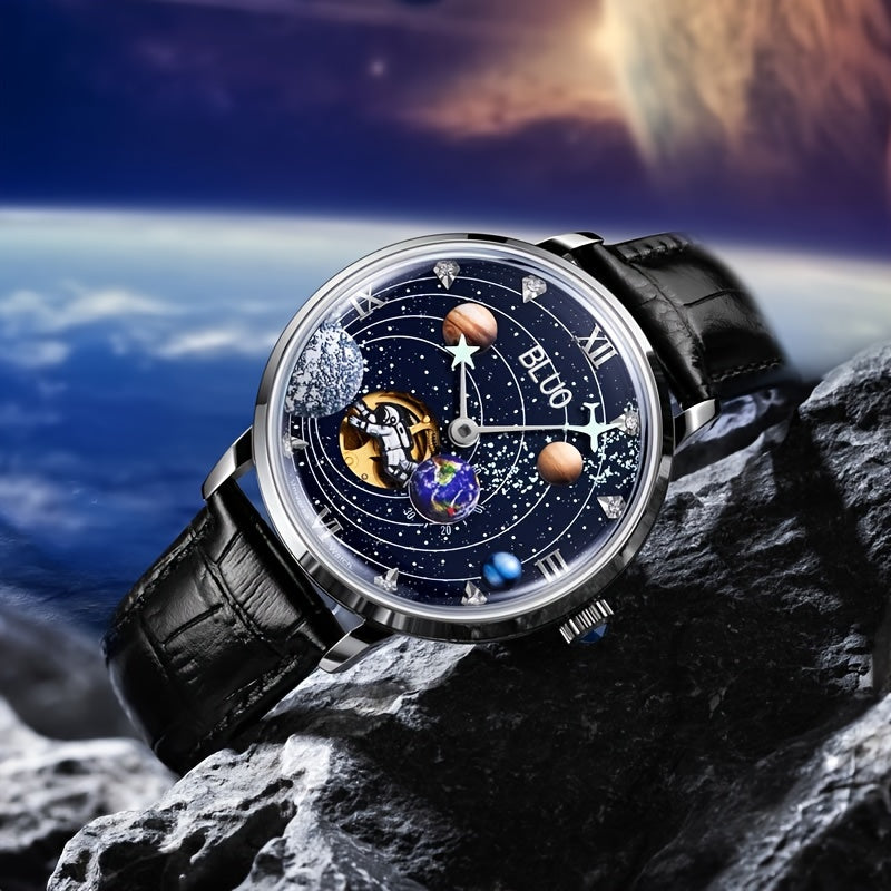 Klocka Niklas (automatisk herrklocka med galaxdesign & läderarmband)