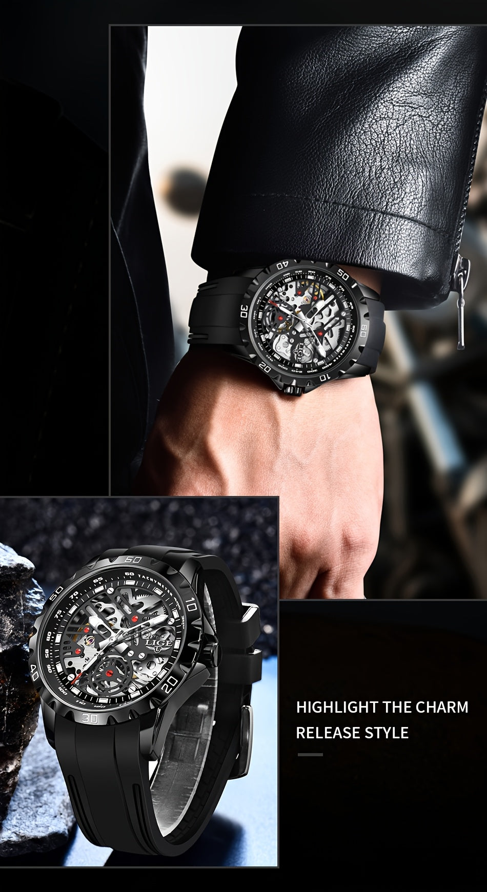 Klocka Patrik (automatisk herrklocka med håldesign & silikonarmband)