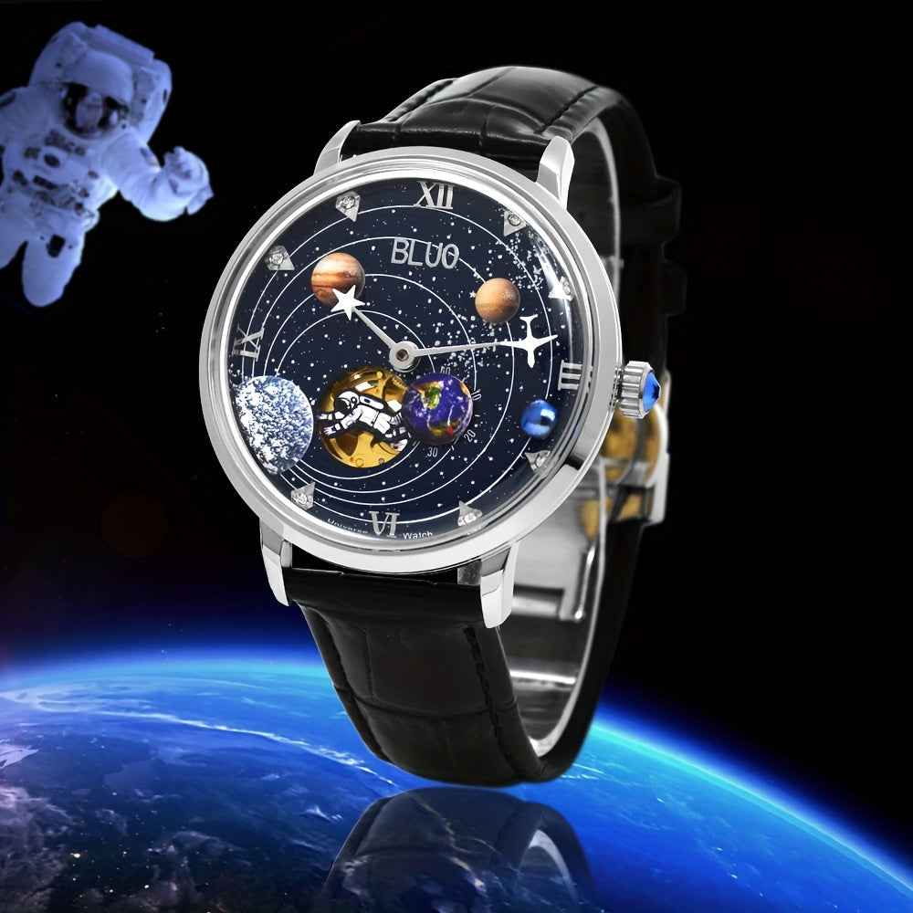 Klocka Niklas (automatisk herrklocka med galaxdesign & läderarmband)