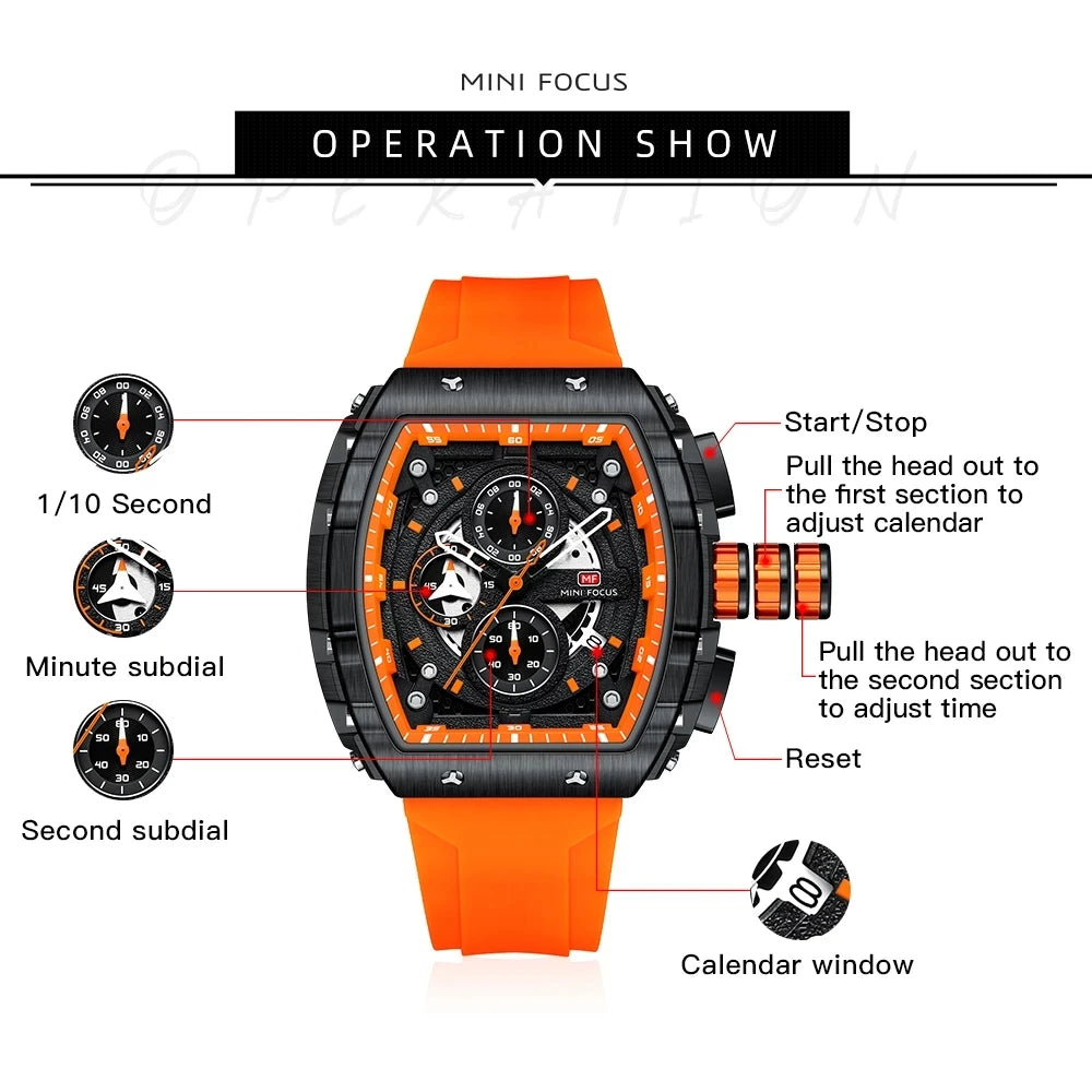 Klocka Felix (sportig herrklocka i tonneau-design med kronograf & orange silikonarmband)