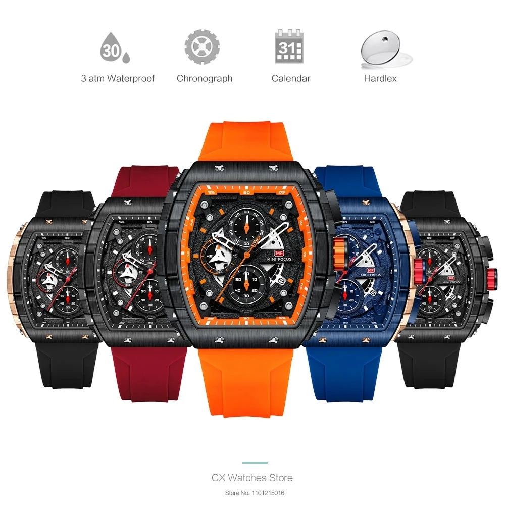 Klocka Felix (sportig herrklocka i tonneau-design med kronograf & orange silikonarmband)