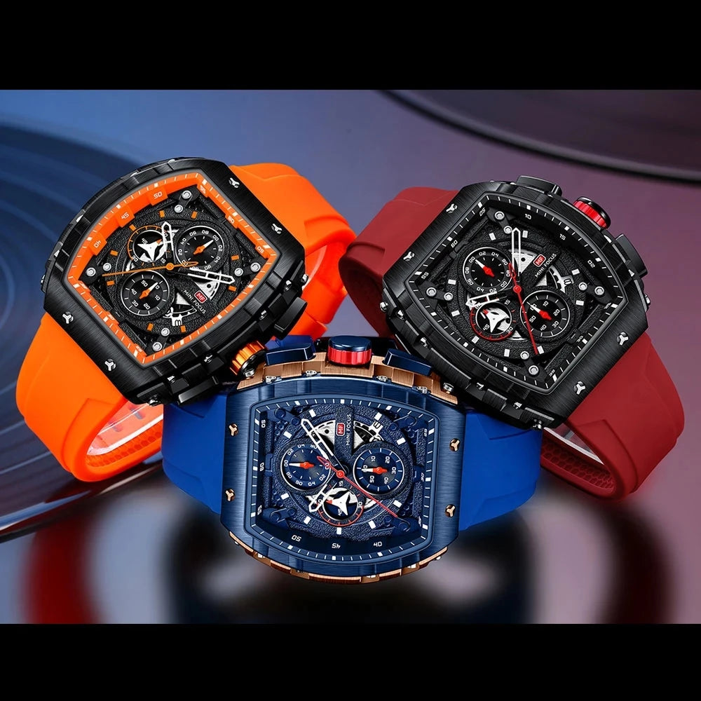 Klocka Felix (sportig herrklocka i tonneau-design med kronograf & orange silikonarmband)