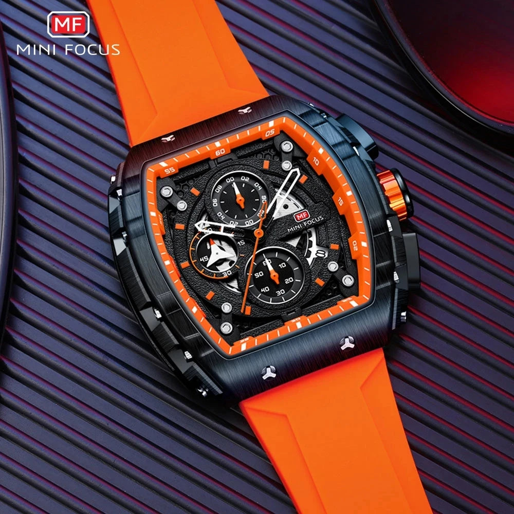 Klocka Felix (sportig herrklocka i tonneau-design med kronograf & orange silikonarmband)