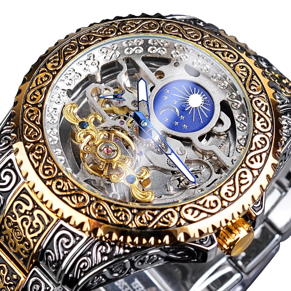 Klocka Henrik (automatisk herrklocka i stål med skelett-urtavla, månfas & tourbillon-design)