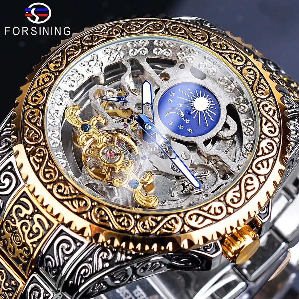 Klocka Henrik (automatisk herrklocka i stål med skelett-urtavla, månfas & tourbillon-design)