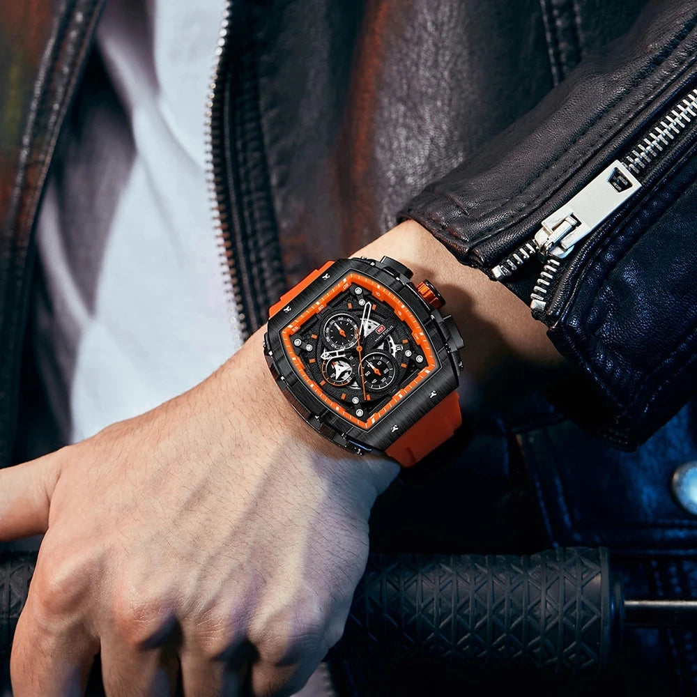 Klocka Felix (sportig herrklocka i tonneau-design med kronograf & orange silikonarmband)