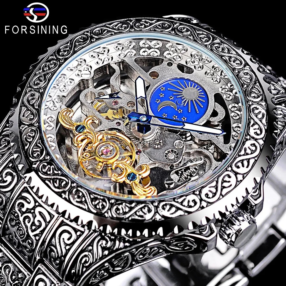 Klocka Henrik (automatisk herrklocka i stål med skelett-urtavla, månfas & tourbillon-design)