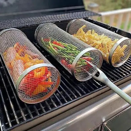 GrillKorgen™ – Rullande Rostfri Grillkorg för Grönsaker