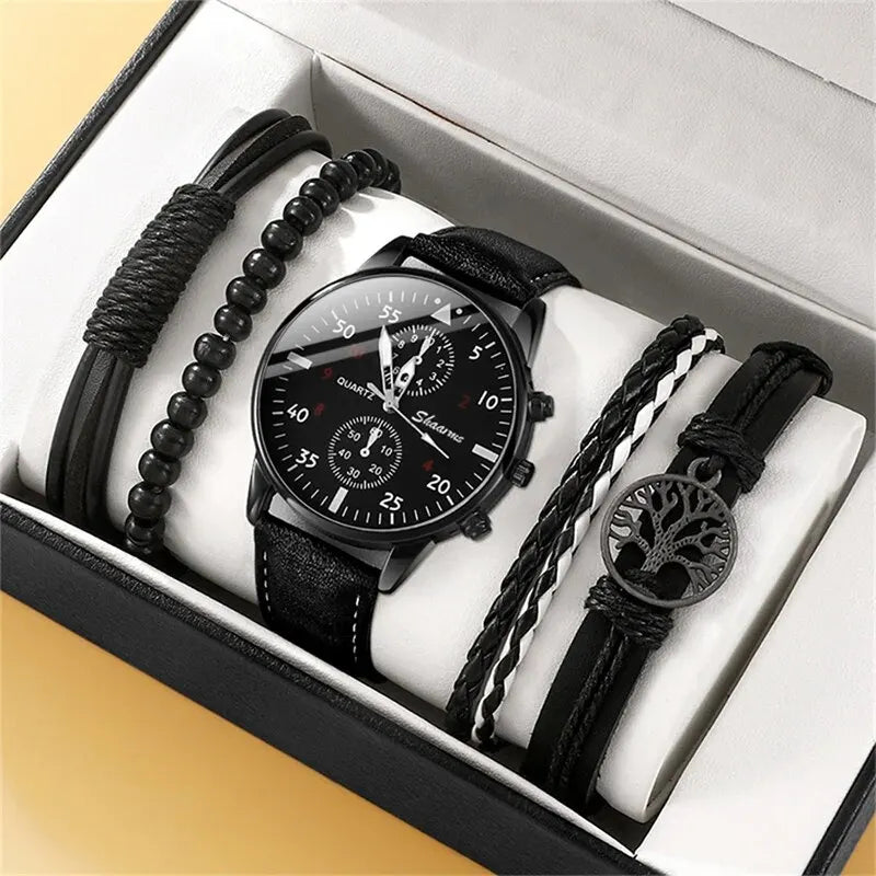 Herrklocka presentset – armbandsur med läderrem