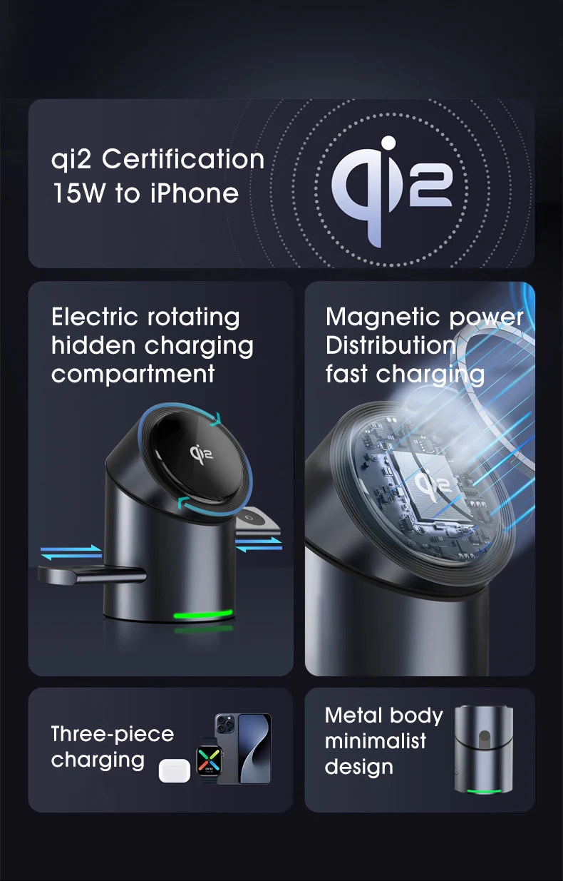 3-i-1 Trådlös Laddstation – Magsafe-Laddare för iPhone, Android, Apple Watch & AirPods