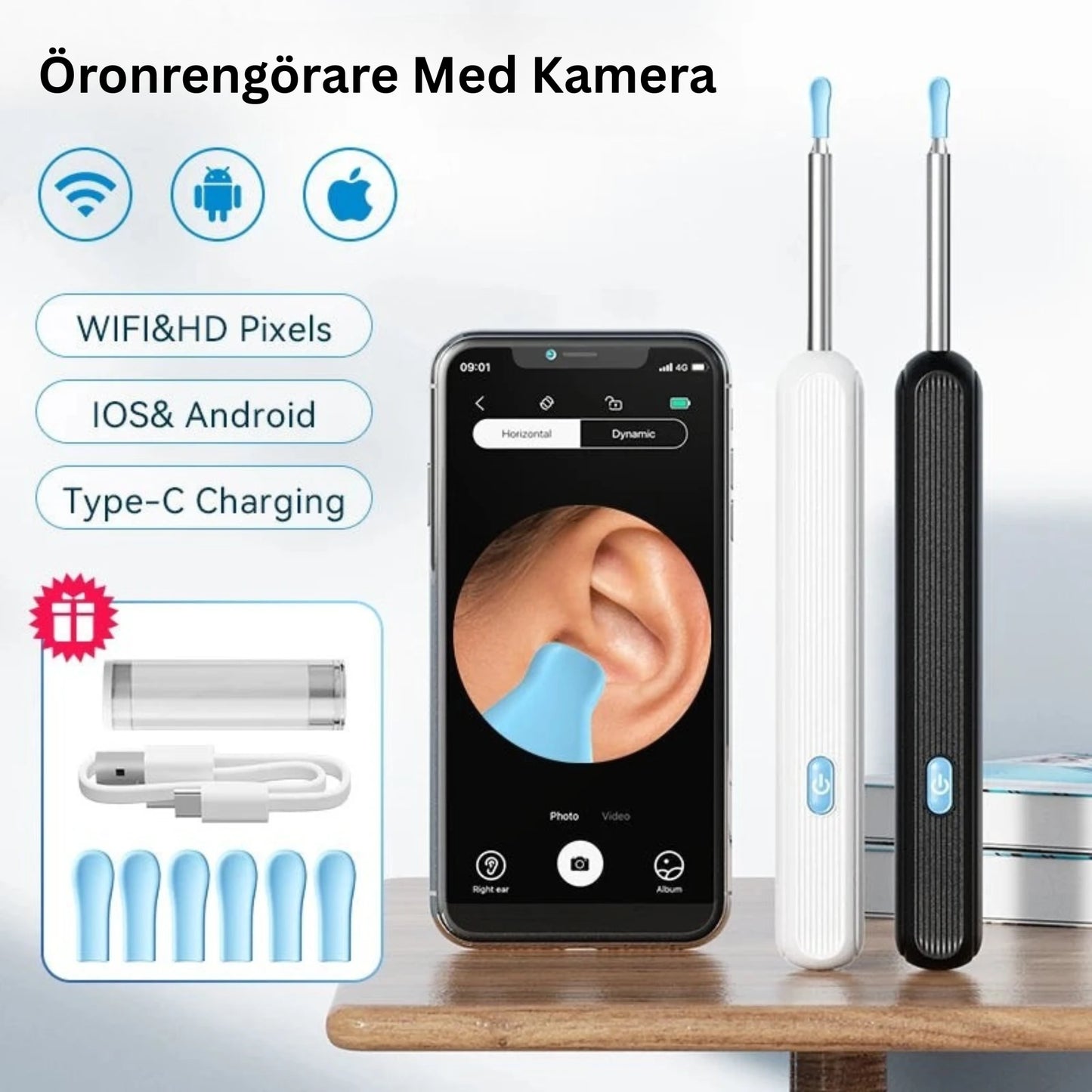 WaxFri™ – Visuell öronrengörare med kamera och LED-belysning för säker borttagning av öronvax