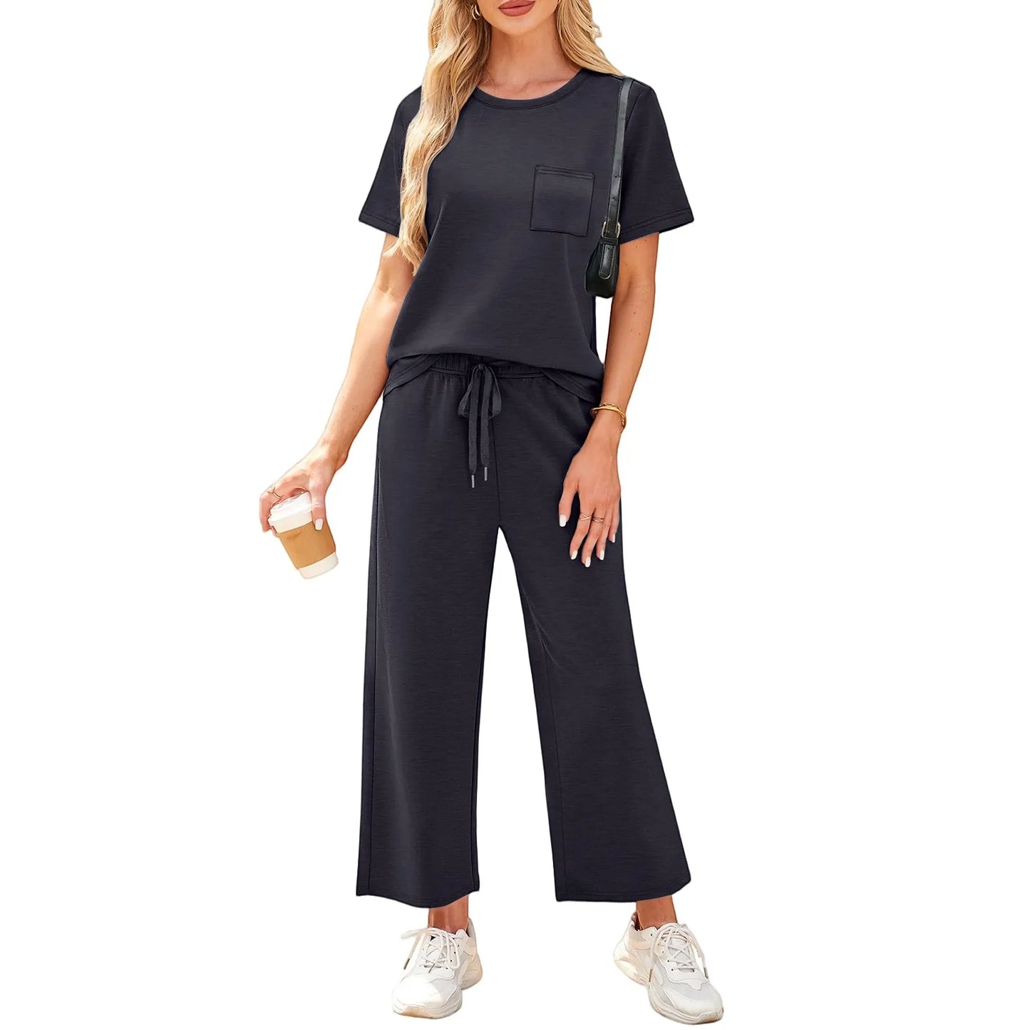 2-delat set dam – kortärmad topp & vida byxor