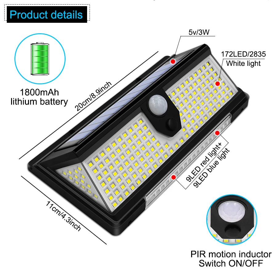 190 LED Solcellslampa med Rörelsesensor – 4 Ljuslägen & Vattentät Väggbelysning