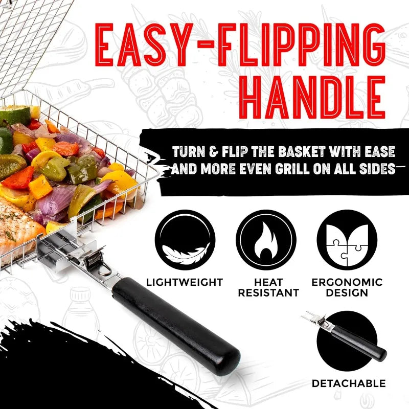 Hopfällbart grillgaller – korg med handtag för fisk, grönsaker & räkor