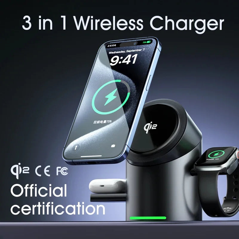 3-i-1 Trådlös Laddstation – Magsafe-Laddare för iPhone, Android, Apple Watch & AirPods