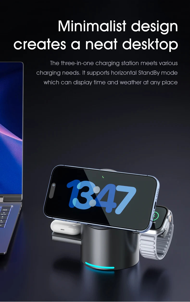 3-i-1 Trådlös Laddstation – Magsafe-Laddare för iPhone, Android, Apple Watch & AirPods