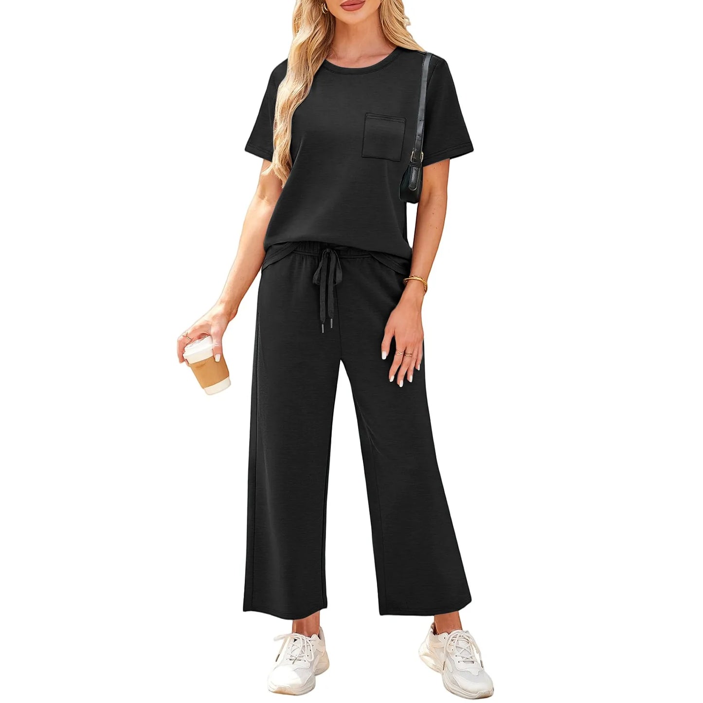 2-delat set dam – kortärmad topp & vida byxor
