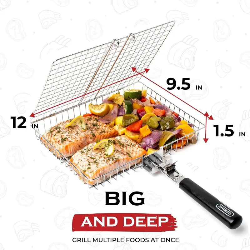 Hopfällbart grillgaller – korg med handtag för fisk, grönsaker & räkor