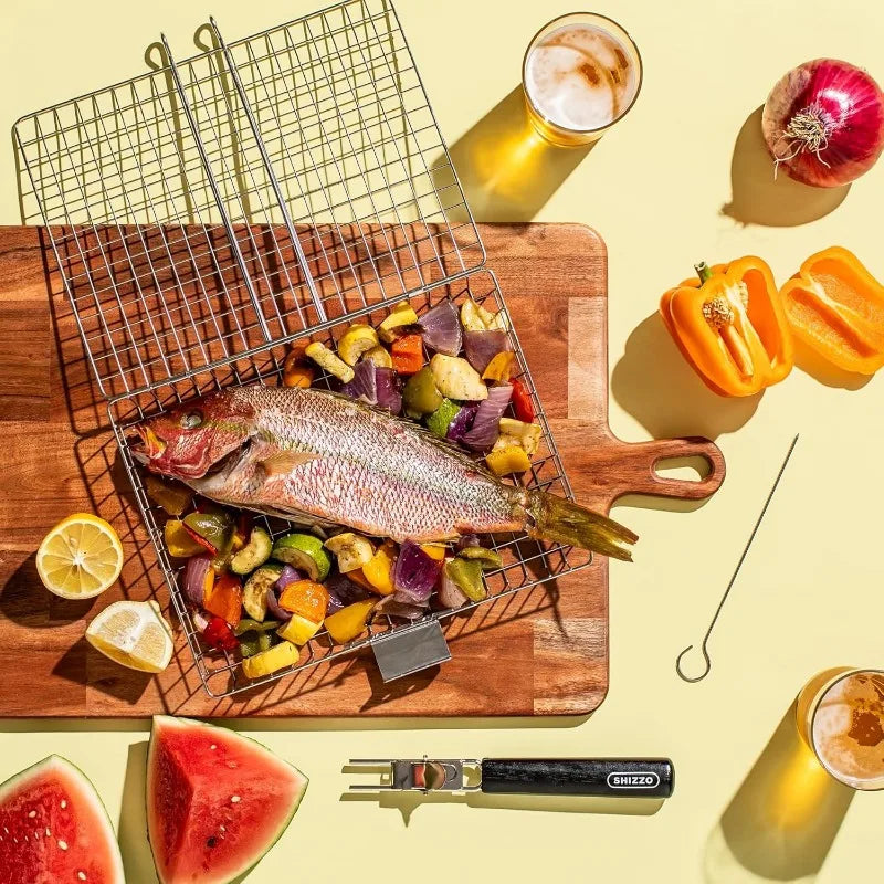Hopfällbart grillgaller – korg med handtag för fisk, grönsaker & räkor