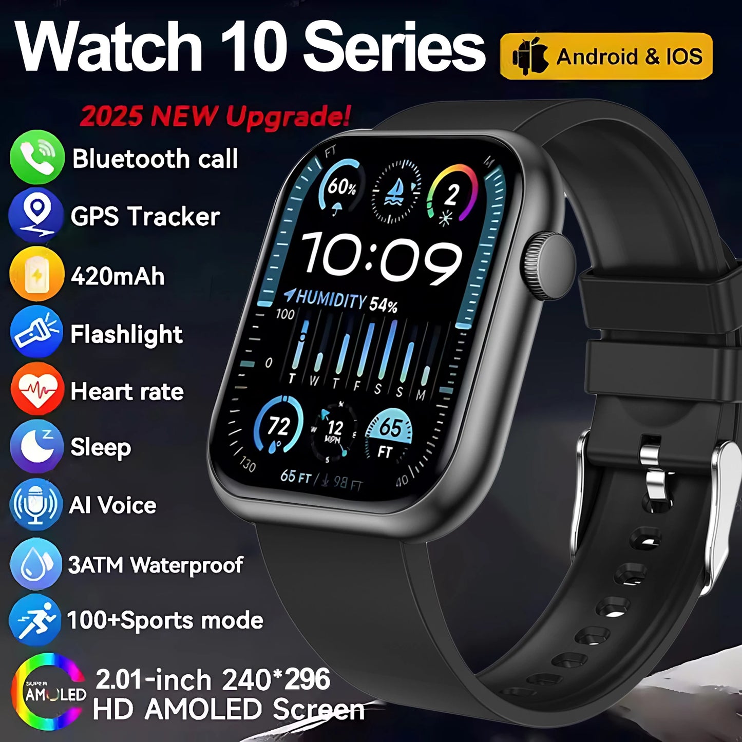Smartklocka Nova (2,01” AMOLED – sport & hälsa, vattentät)