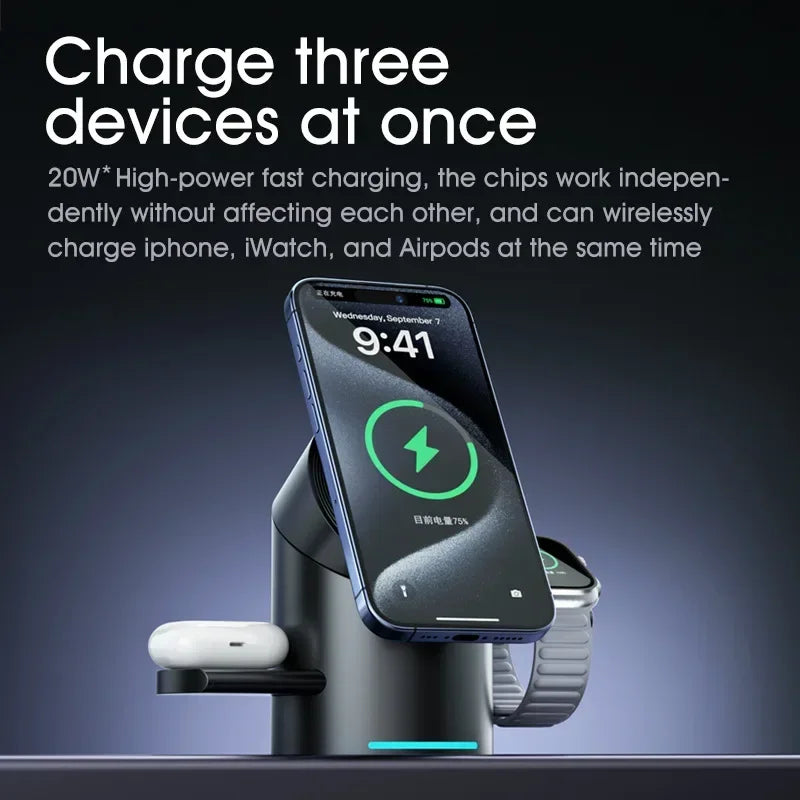 3-i-1 Trådlös Laddstation – Magsafe-Laddare för iPhone, Android, Apple Watch & AirPods