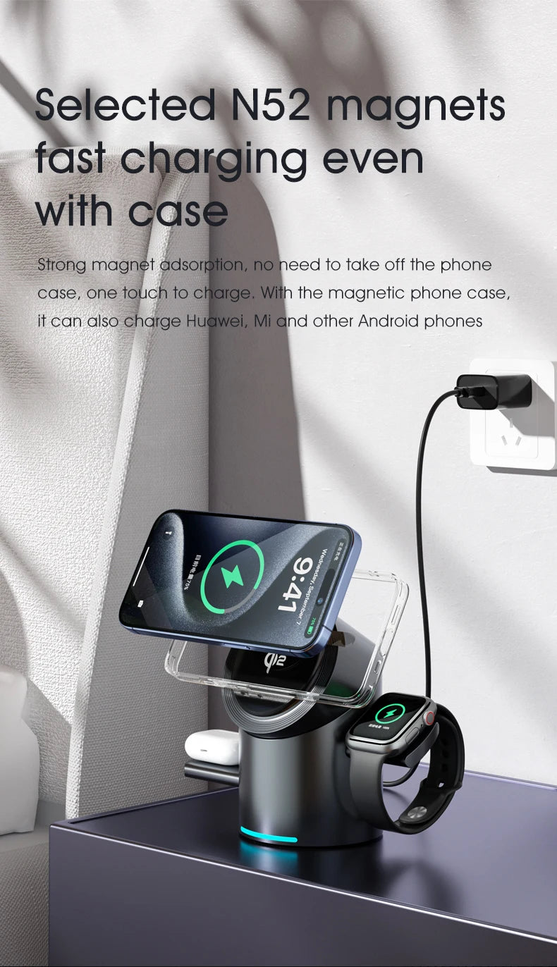 3-i-1 Trådlös Laddstation – Magsafe-Laddare för iPhone, Android, Apple Watch & AirPods