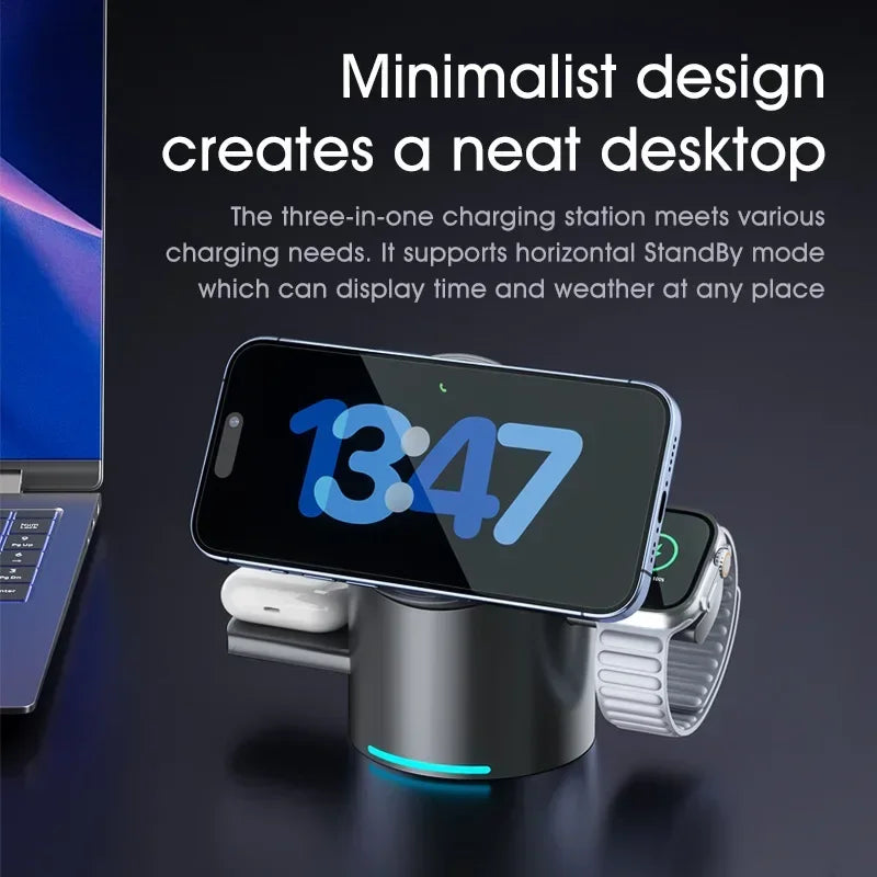 3-i-1 Trådlös Laddstation – Magsafe-Laddare för iPhone, Android, Apple Watch & AirPods
