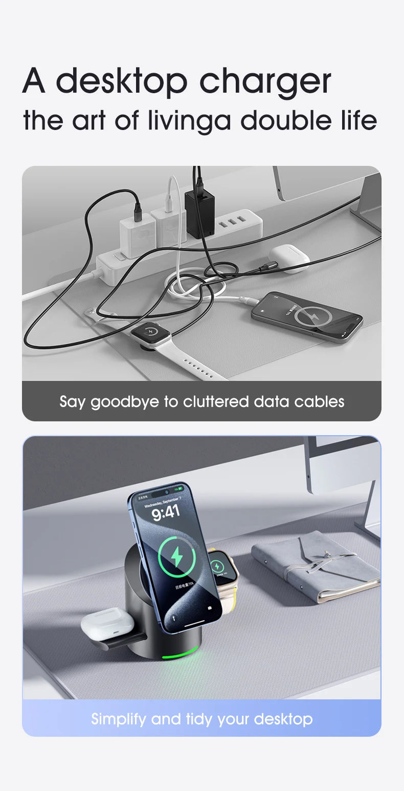3-i-1 Trådlös Laddstation – Magsafe-Laddare för iPhone, Android, Apple Watch & AirPods