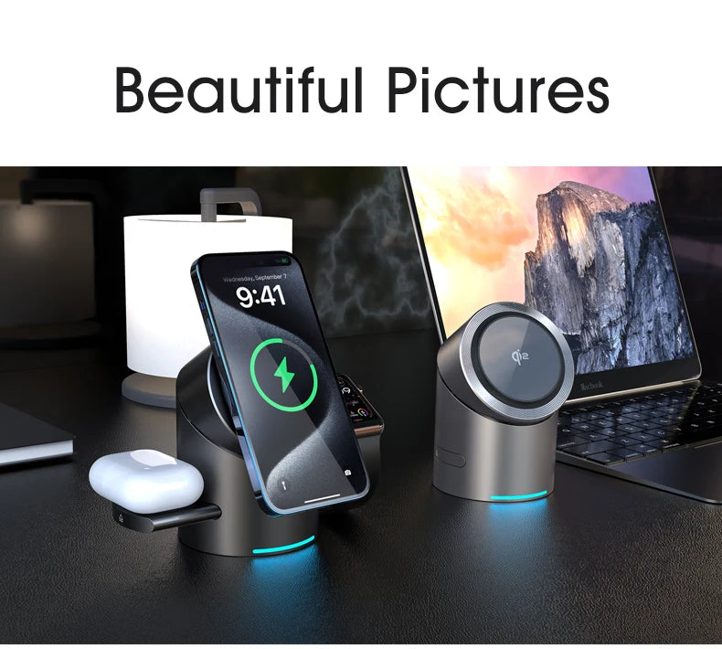 3-i-1 Trådlös Laddstation – Magsafe-Laddare för iPhone, Android, Apple Watch & AirPods
