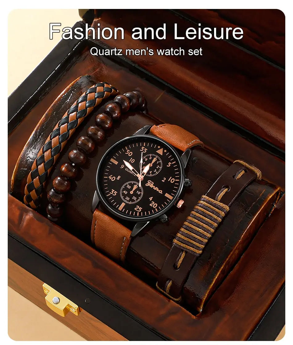 Herrklocka presentset – armbandsur med läderrem