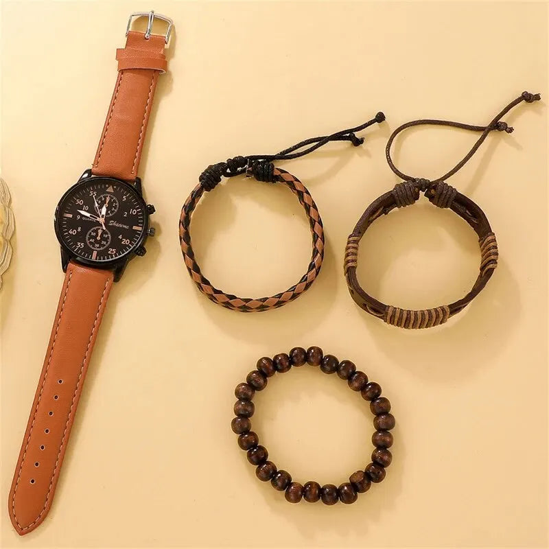 Herrklocka presentset – armbandsur med läderrem