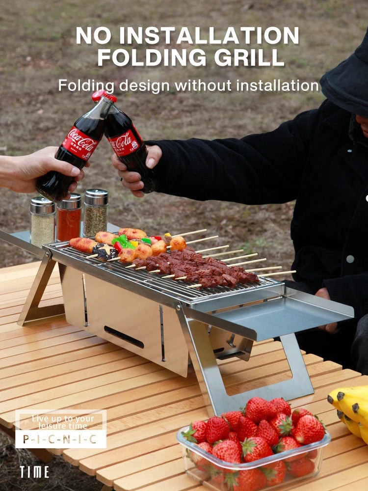 Hopfällbar kolgrill i rostfritt stål – portabel BBQ för hem & camping
