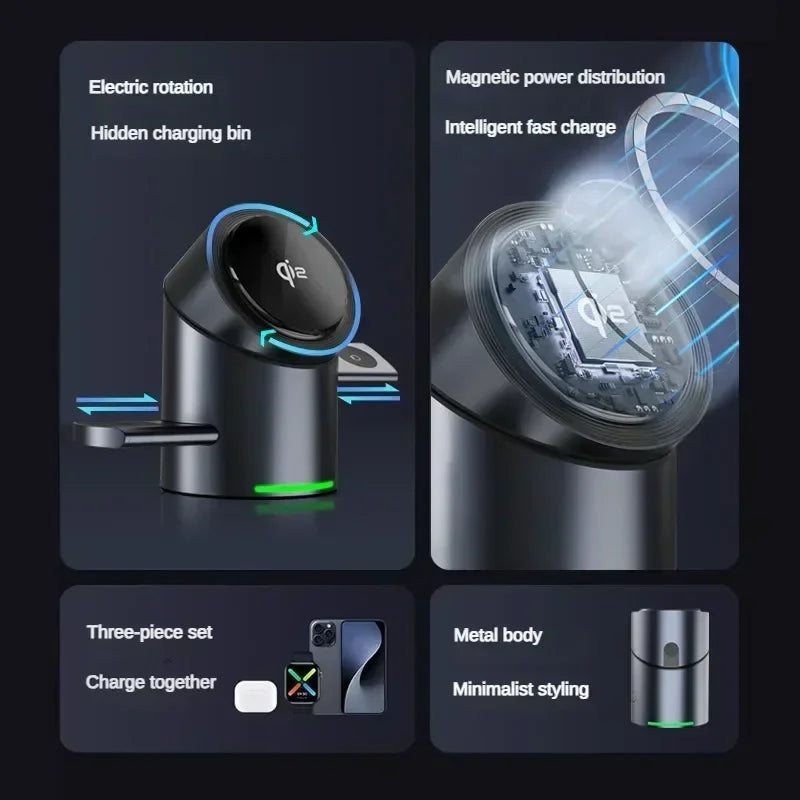 3-i-1 Trådlös Laddstation – Magsafe-Laddare för iPhone, Android, Apple Watch & AirPods
