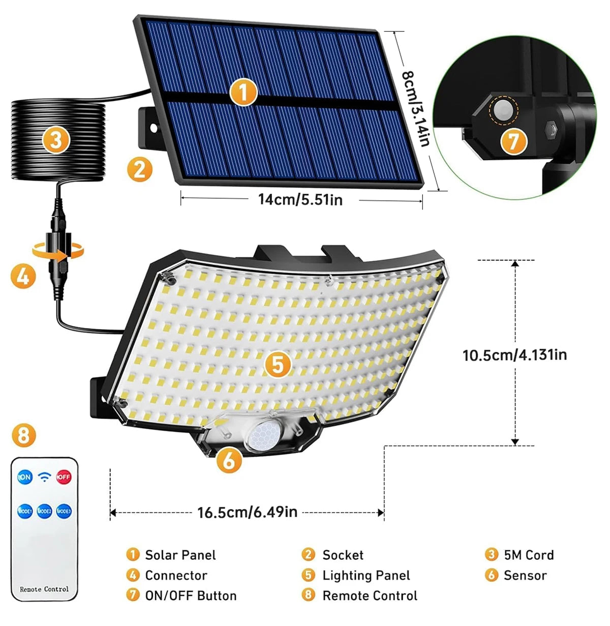 234 LED Solcellslampa med Fjärrkontroll – Rörelsesensor & 3 Ljuslägen