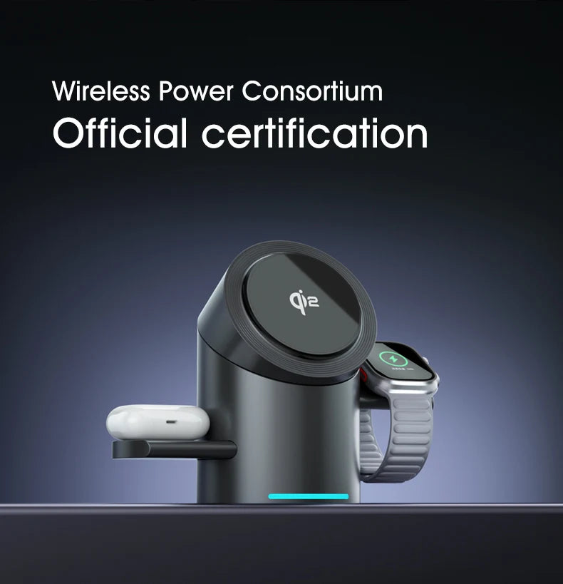 3-i-1 Trådlös Laddstation – Magsafe-Laddare för iPhone, Android, Apple Watch & AirPods