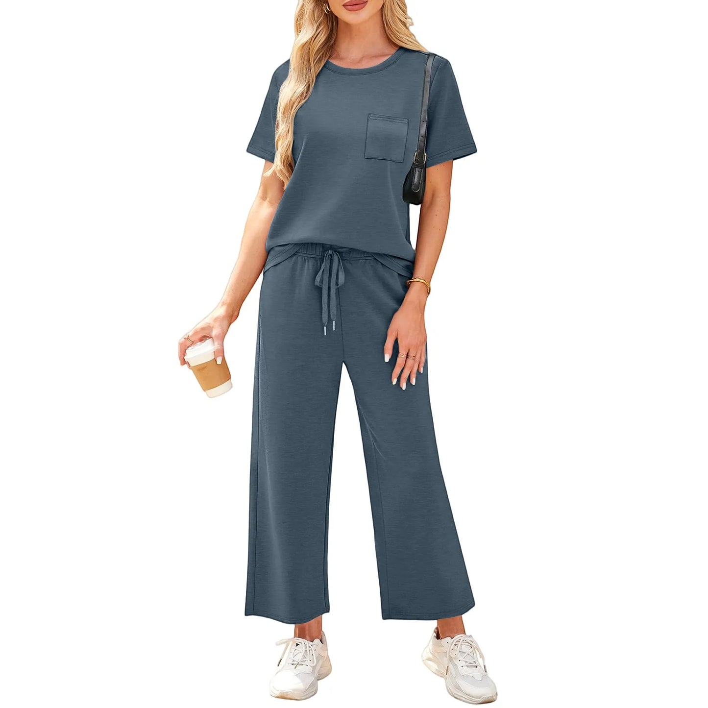 2-delat set dam – kortärmad topp & vida byxor