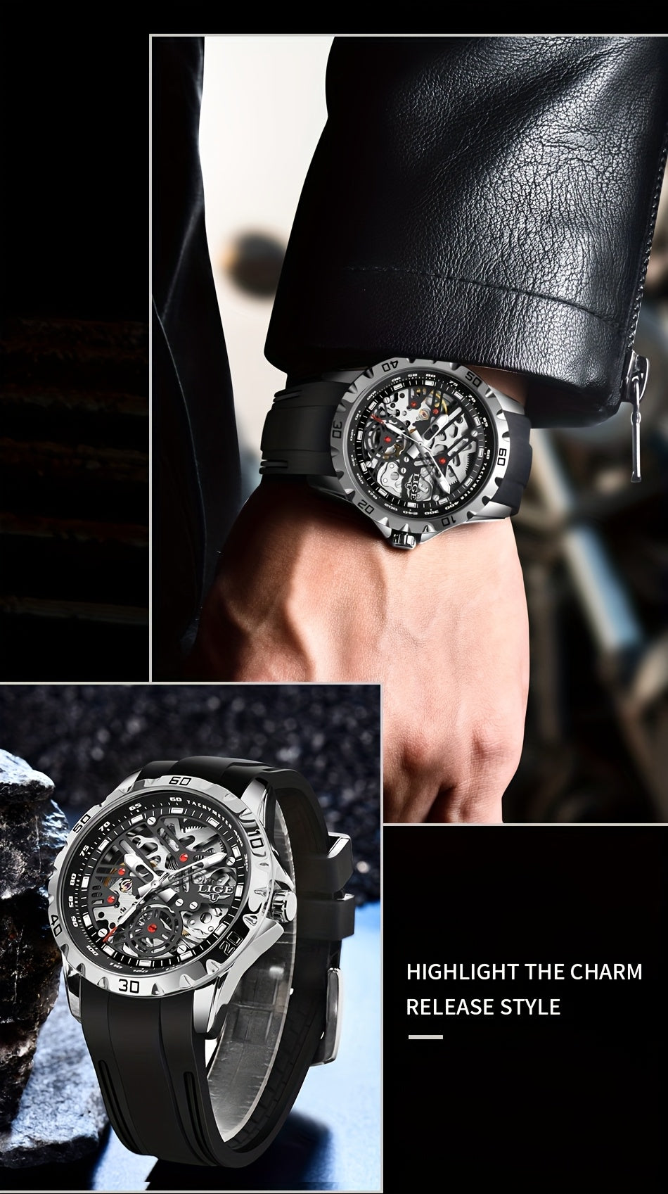 Klocka Patrik (automatisk herrklocka med håldesign & silikonarmband)