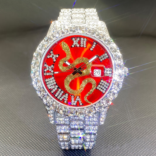 Klocka Johan (herrklocka i guldfärg med röd urtavla, strass & datum)