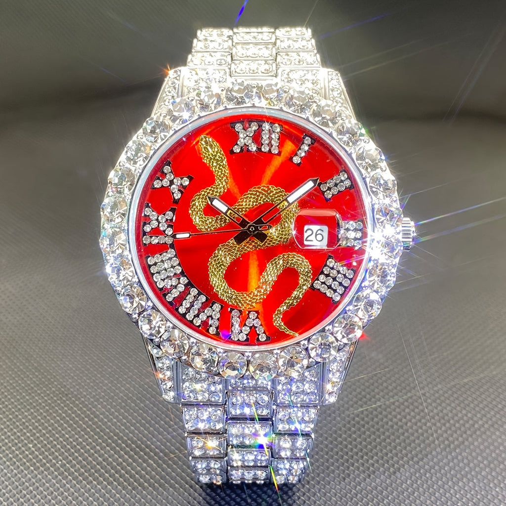 Johan-kello (miesten kultainen kello punaisella kellotaululla, strasseilla ja päivämäärällä)