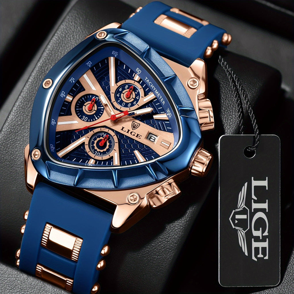 Kelloa kohden (miesten kello, jossa on monikulmainen muotoilu, kalenteri ja yövalo)