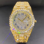 Magnus-kello (miesten kultainen kello, jossa on strassikiviä ja päivämääränäyttö)