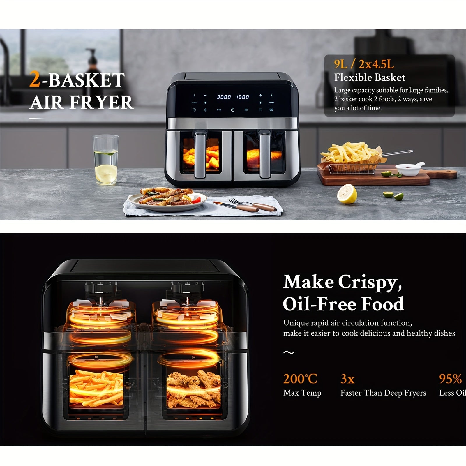 DubblaFritös™ – 9L Luftfritös med Touch och Timer