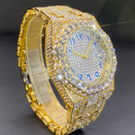 Magnus-kello (miesten kultainen kello, jossa on strassikiviä ja päivämääränäyttö)