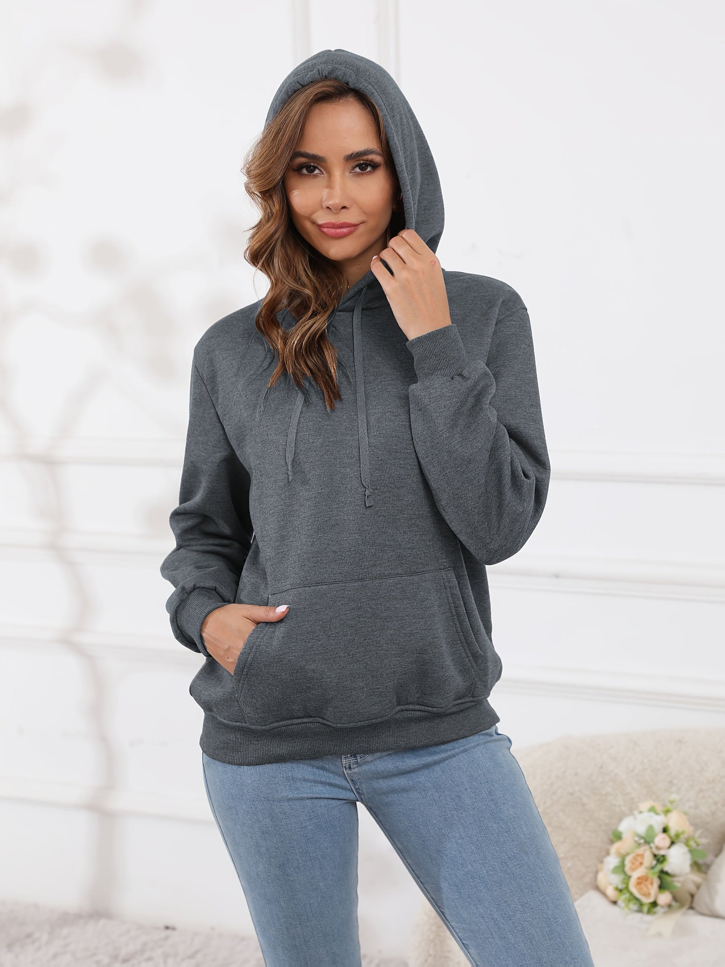 Fleecefodrad hoodie dam – grå med huva & magficka