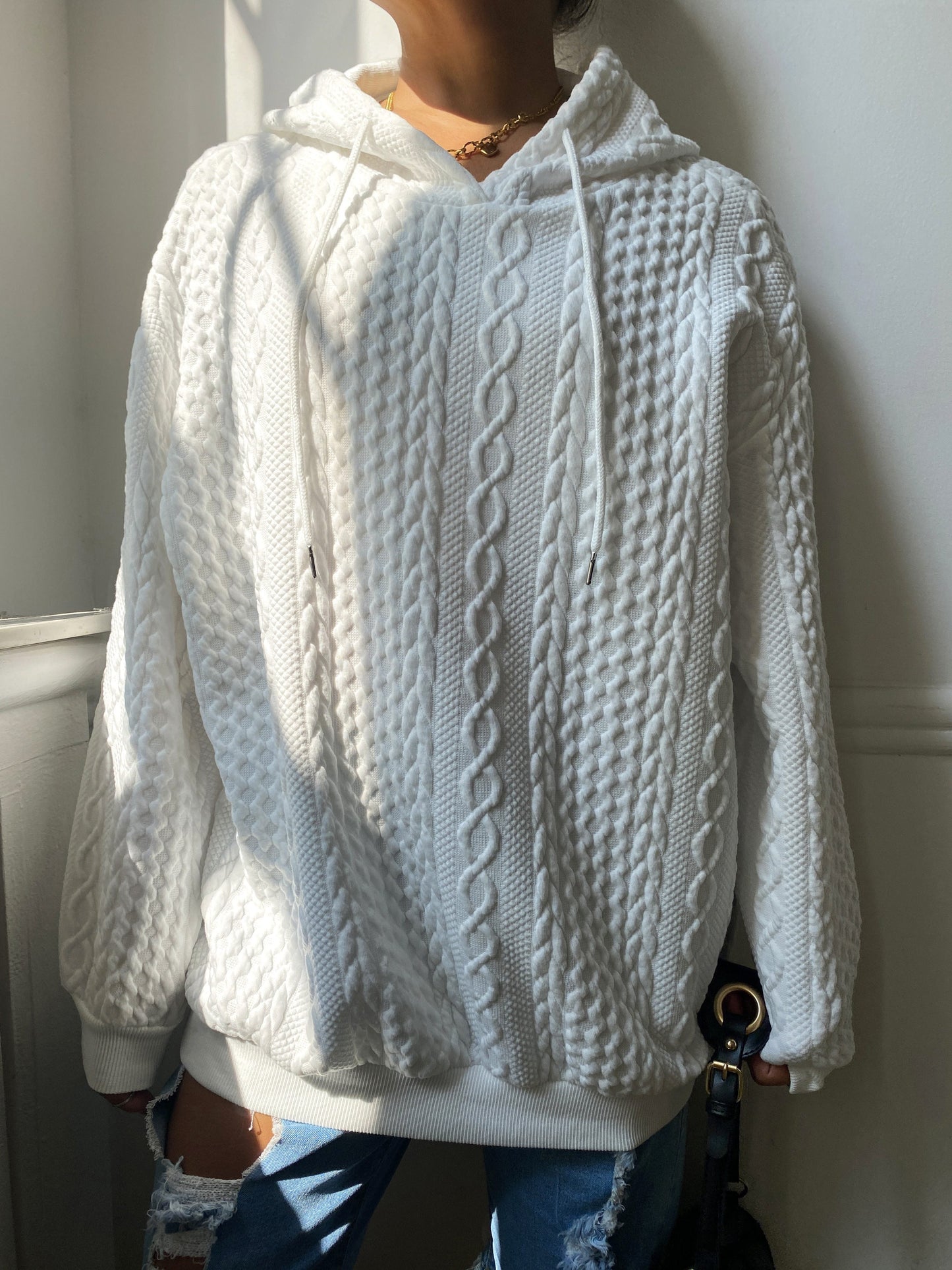 Hoodie dam plus size – ribbad design med huva & dragsko