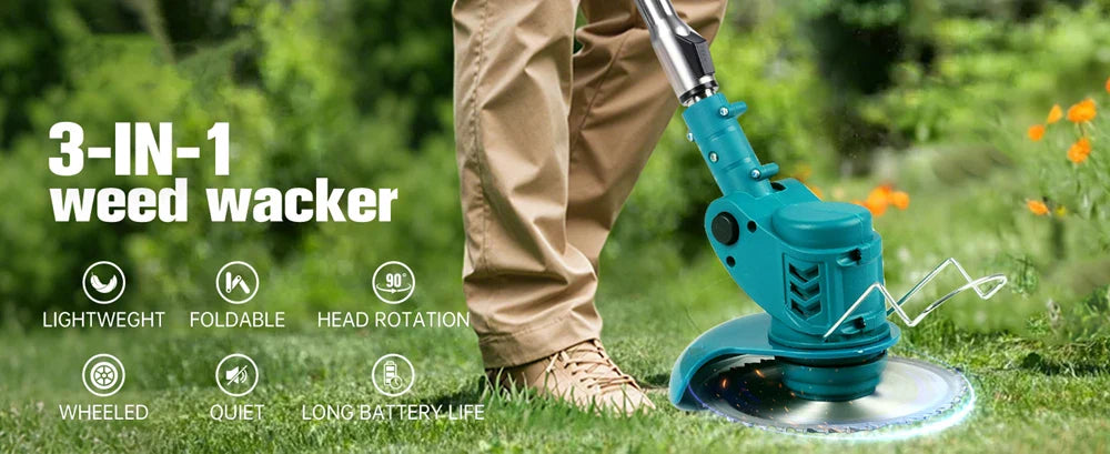 Trådlös & Hopfällbar Grästrimmer 36V – Justerbar Höjd, Hjul & 3 Bladtyper