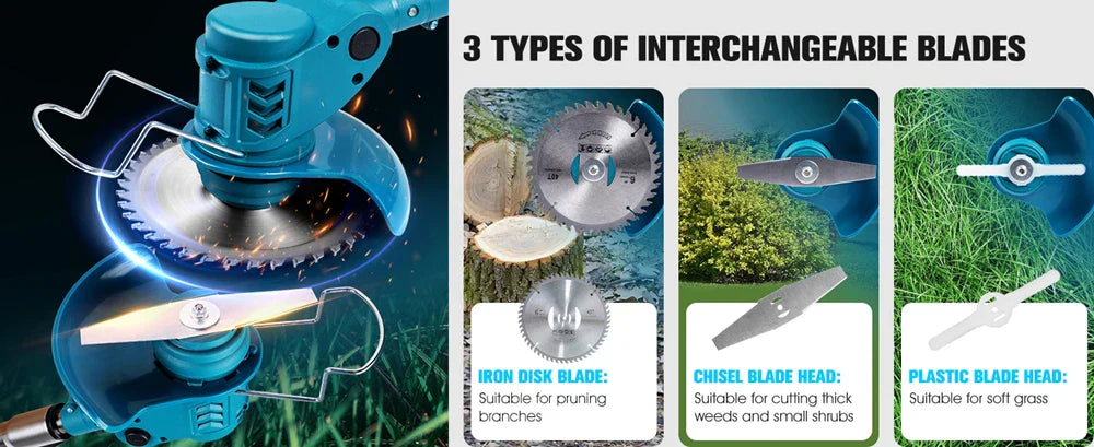Trådlös & Hopfällbar Grästrimmer 36V – Justerbar Höjd, Hjul & 3 Bladtyper