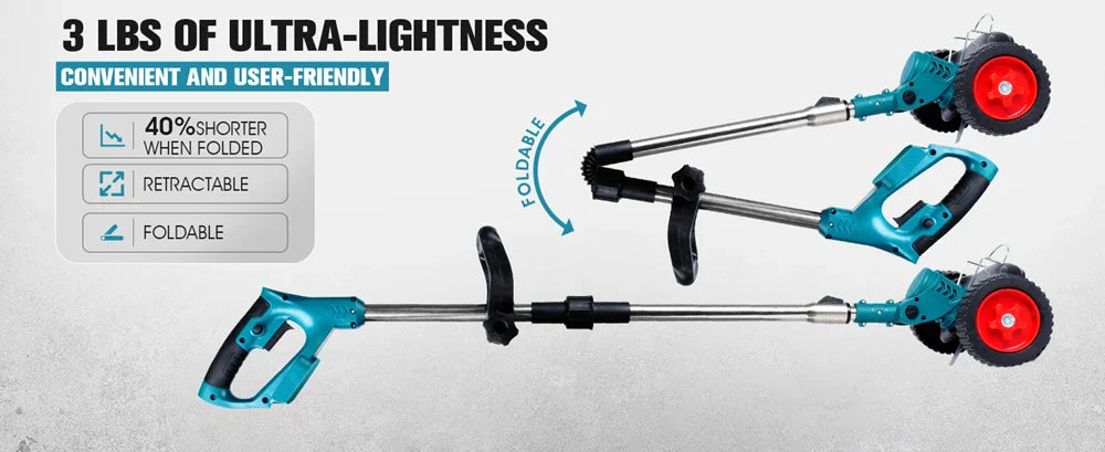 Trådlös & Hopfällbar Grästrimmer 36V – Justerbar Höjd, Hjul & 3 Bladtyper