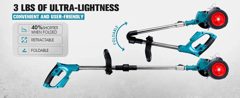 Trådlös & Hopfällbar Grästrimmer 36V – Justerbar Höjd, Hjul & 3 Bladtyper