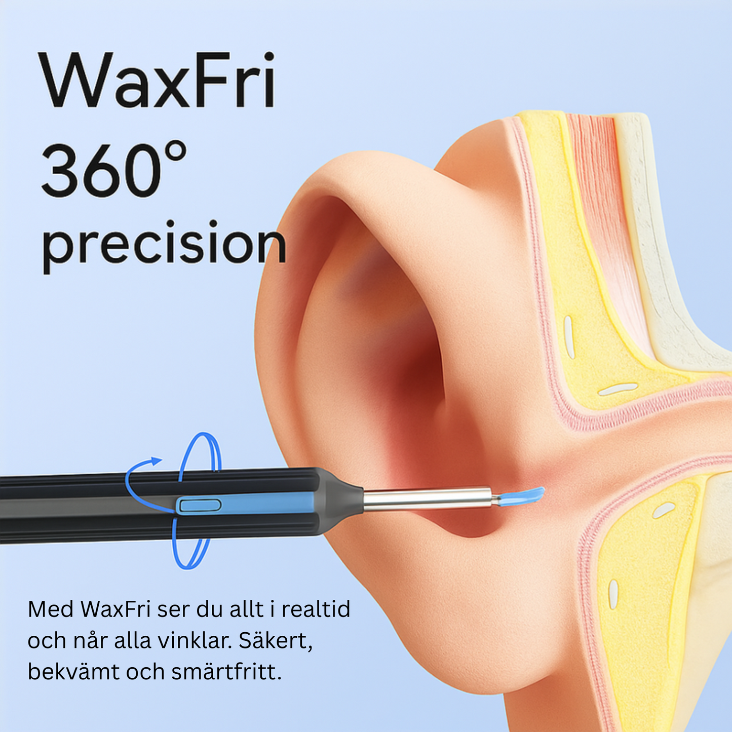 WaxFri™ – Visuell öronrengörare med kamera och LED-belysning för säker borttagning av öronvax